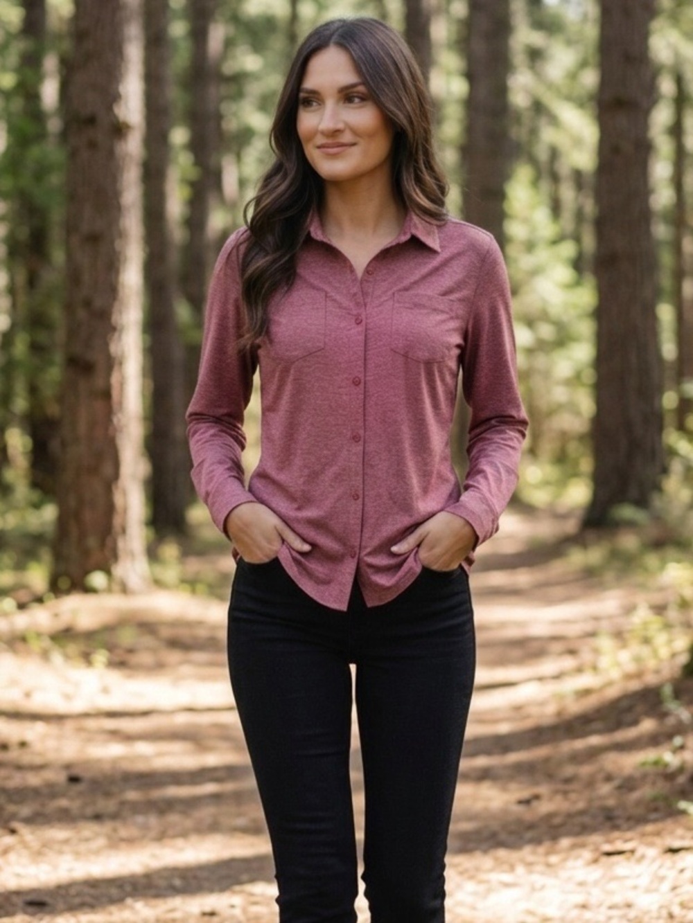 Eddie Bauer Women’s Travex  Long-Sleeve Button Down Shirt - Heathered Dusty Rose